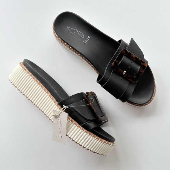 Joie Lyla Low Platform Black Leather Slide Sandal w/ Faux Tortoise Shell 10 - Picture 1 of 12